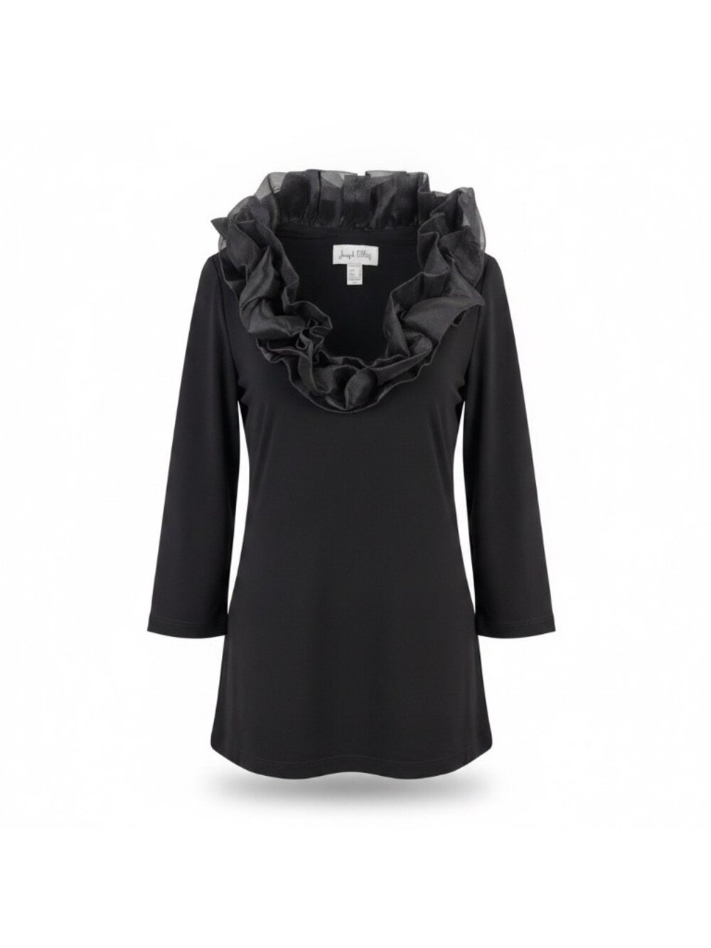 Joseph Ribkoff Womens Black Ruffle Collar 3/4 Sleeve Tunic Top Elegant Size 4